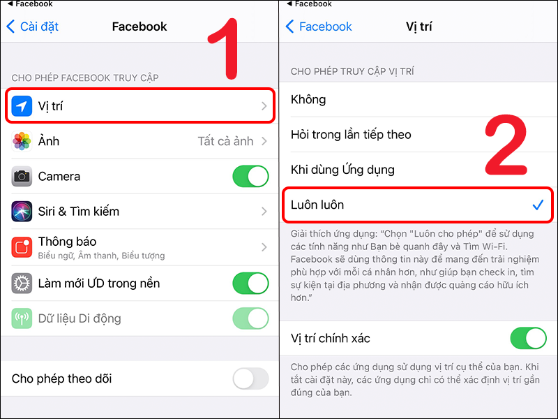 Cho phép Facebook truy cập vị trí